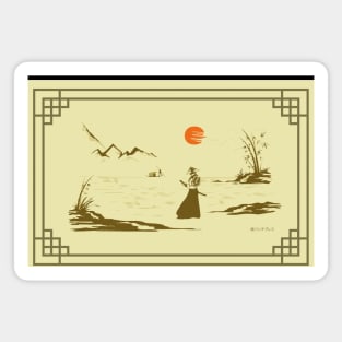 Riverside Serenity: Hand-drawn Samurai Watching Sunset Magnet